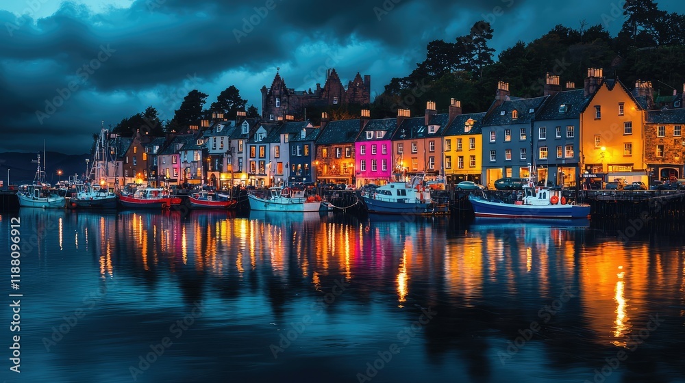 Fototapeta premium Vibrant Coastal Town with Colorful Buildings and Tranquil Water Reflections