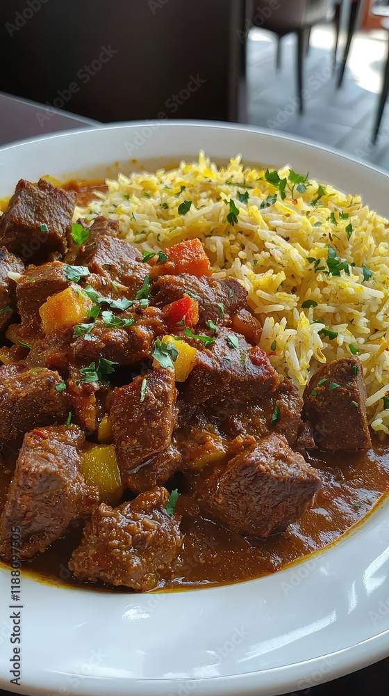 Delicious Beef Stew with Rice and Fresh Vegetables in Bowl