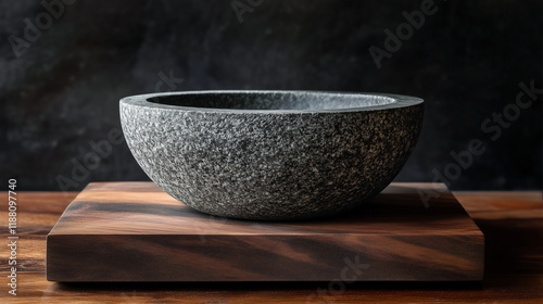 One clean, unadorned molcajete on a dark wooden board.
