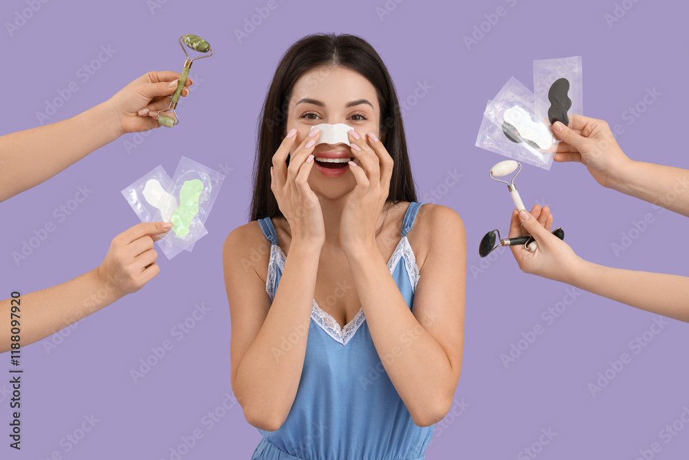 Young woman and hands with nose patches and massage rollers on lilac background Young woman and hands with nose patches and massage rollers on lilac background