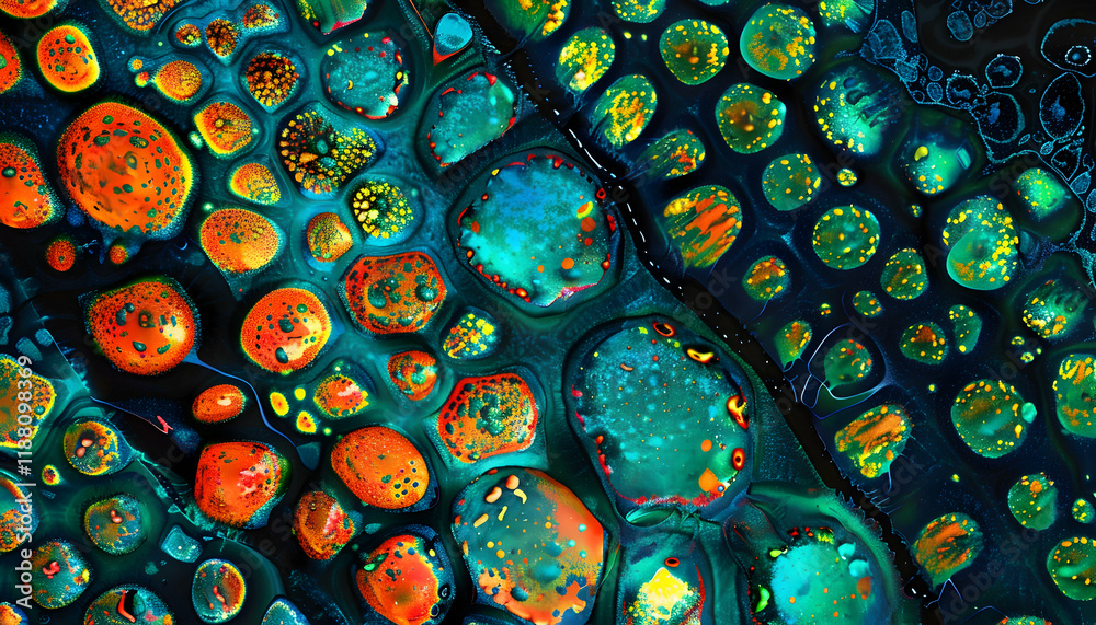 Abstract Background Illustration - Colorful Cells, Microscopic, Biology, Texture, Science, Pattern, Vibrant, Orange, Green, Blue Abstract Background Illustration - Colorful Cells, Microscopic, Biology, Texture, Science, Pattern, Vibrant, Orange, Green, Blue