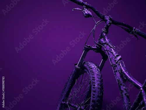 Zoomed-in view of a badly damaged bicycle with twisted parts and scratches from the accident, isolated on a deep purple background