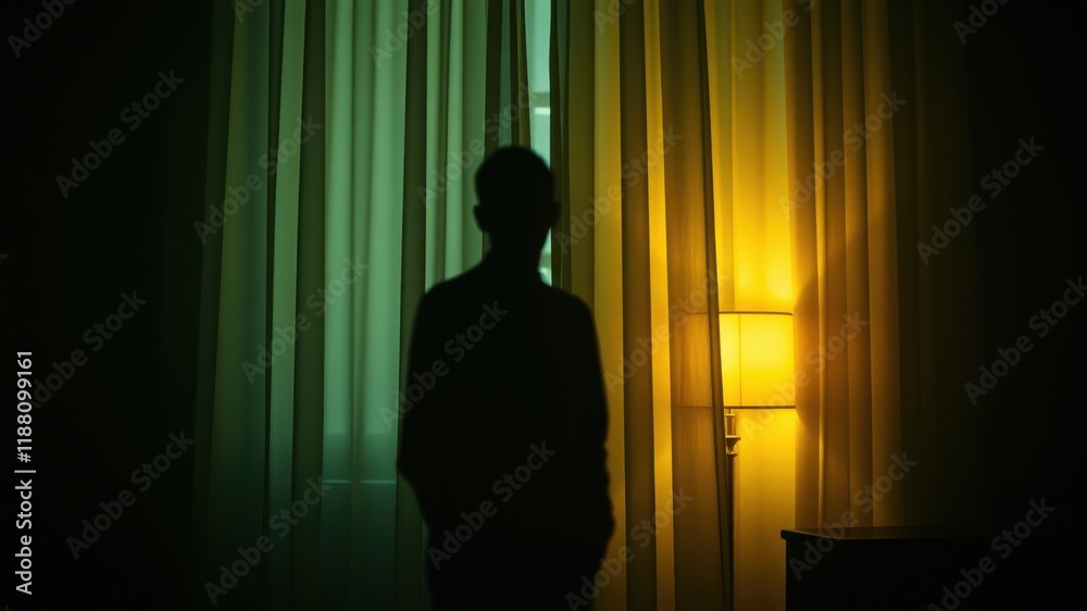 A solitary figure stands in silhouette against a backdrop of flowing curtains, illuminated by a warm lamplight on the other side.