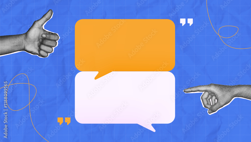 halftone collage trend, Interactive communication concept Bold speech bubbles with retro-style hands on a blue background. for collaboration, feedback, or dialogue themes in digital content