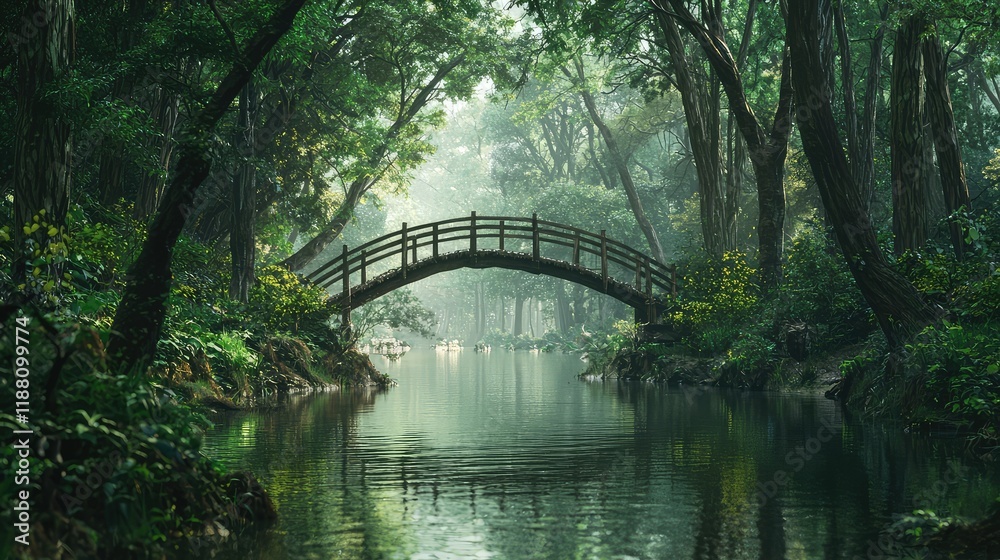 Fototapeta premium Serene Forest Scene with Bridge Over Calm Water at Dawn Light