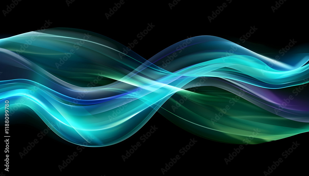 Naklejka premium Abstract Background - Flowing Teal and Green Waves on Black