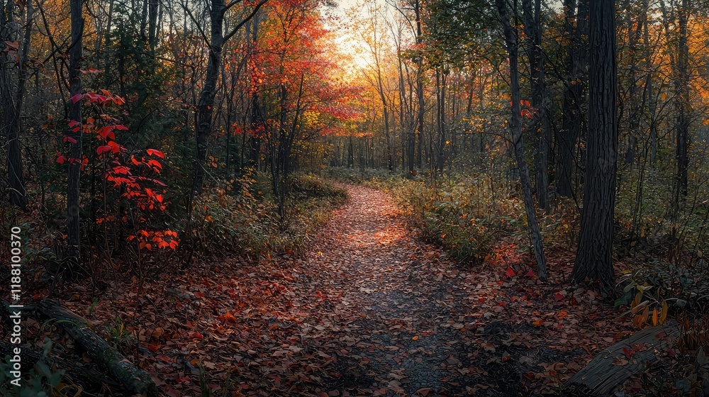 Fototapeta premium Autumn Pathway Through Forest with Vibrant Fall Foliage Colors