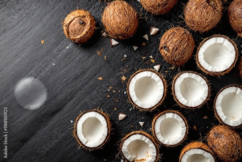Whole and halved coconuts arranged aesthetically on a dark slate background, showcasing their texture and interior details. Concept of tropical fruit. Ai generative photo