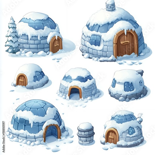 Adorable Snow Igloo Houses Winter Scene Illustrations photo