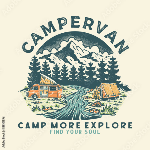 car illustration camping graphic forest design river badge wanderlust vintage mountain