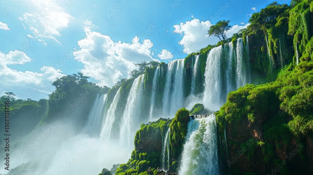 Fototapeta premium Majestic Waterfall: Lush Greenery, Cascading Water, Serene Landscape