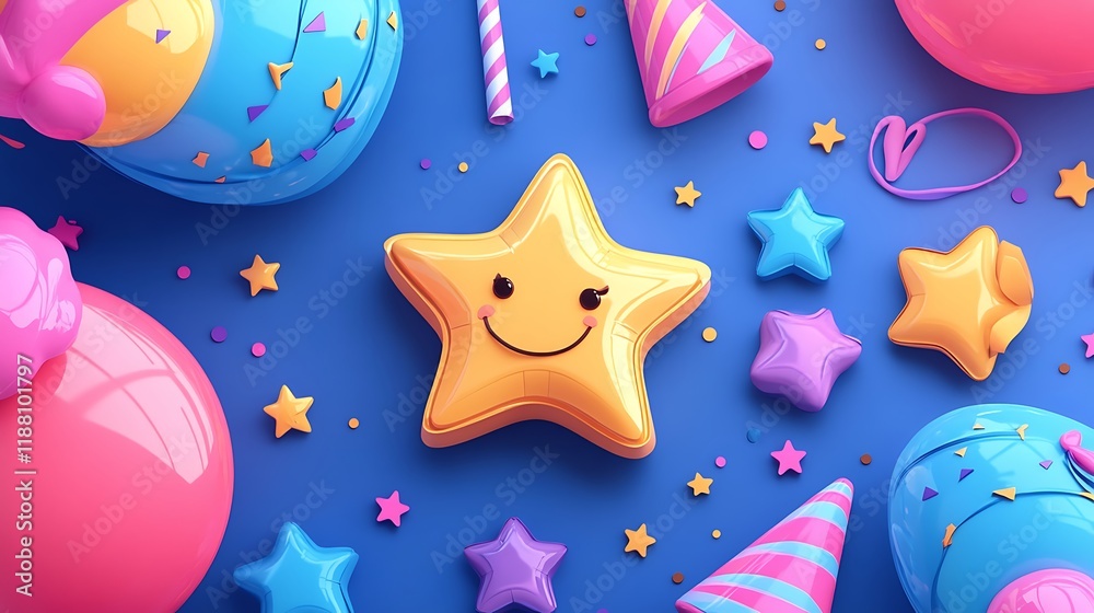 Fototapeta premium Fun cartoon birthday motifs like stars, hats, and balloons.