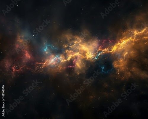 Abstract nebula with colorful smoke and dust clouds, dark black with golden glow, hyper-detailed, bokeh effect, 80mm lens, soft light. photo