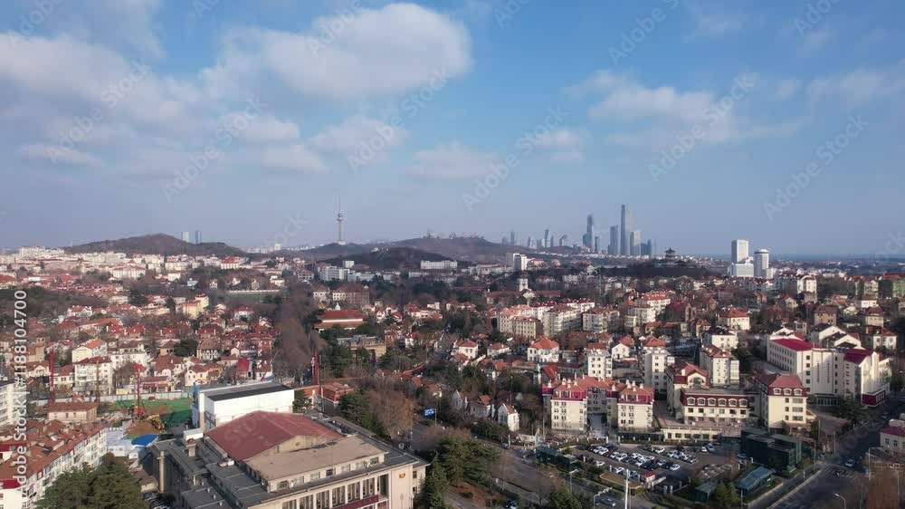 Overlooking QingDao Old Town skyline with bustling CBD in stunning aerial view Overlooking QingDao Old Town skyline with bustling CBD in stunning aerial view