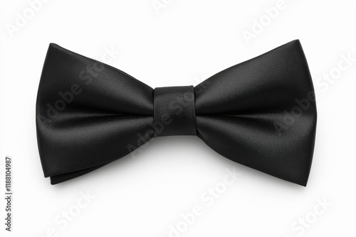 A black bow tie with a neat knot in the center, isolated on white background