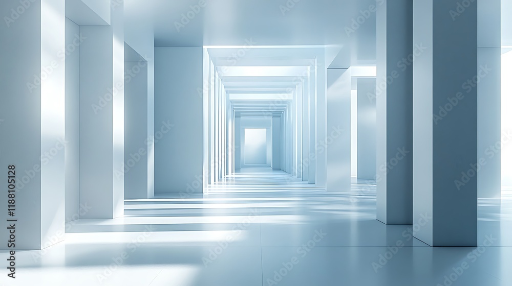 Obraz premium Light-filled modern hallway, architectural design, bright interior, clean lines, background, website banner