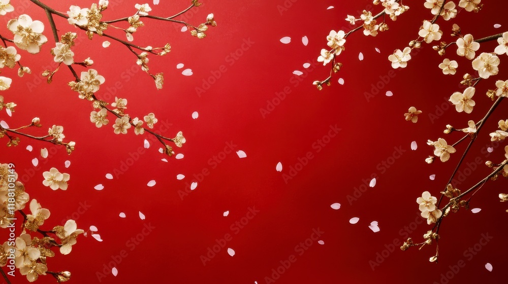 A bright red background with identical golden cherry blossom branches extending from both sides, delicate petals falling gently and scattered across the surface, creating a soft and festive mood,. A bright red background with identical golden cherry blossom branches extending from both sides, delicate petals falling gently and scattered across the surface, creating a soft and festive mood,.