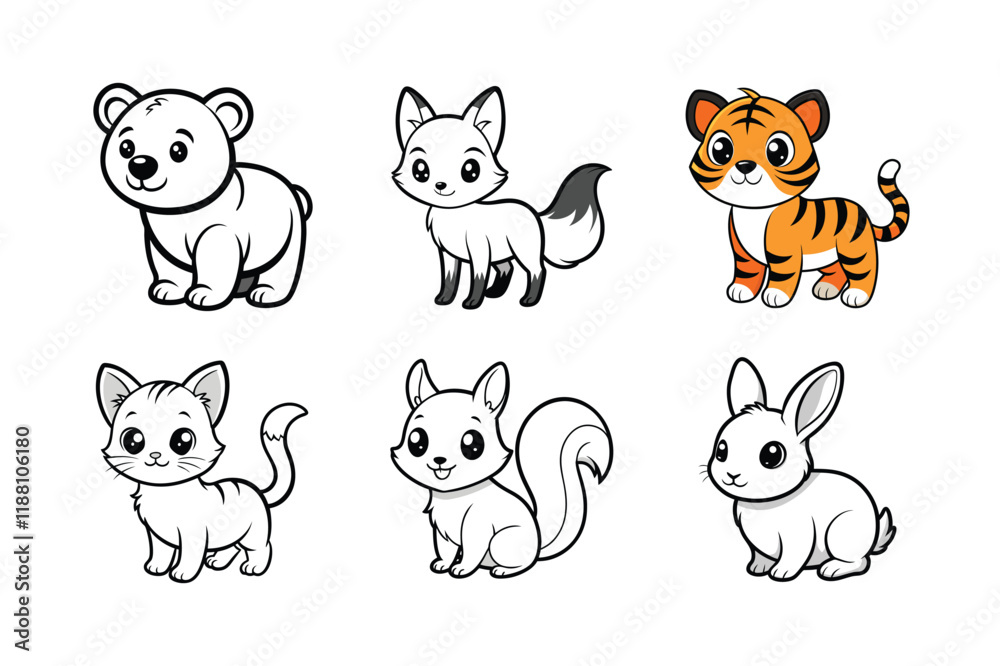 Fototapeta premium Little Baby Bear, Fox Cub, Kitten, Squirrel, Rabbit, and Tiger Vector Illustration, Adorable Animal Graphics.