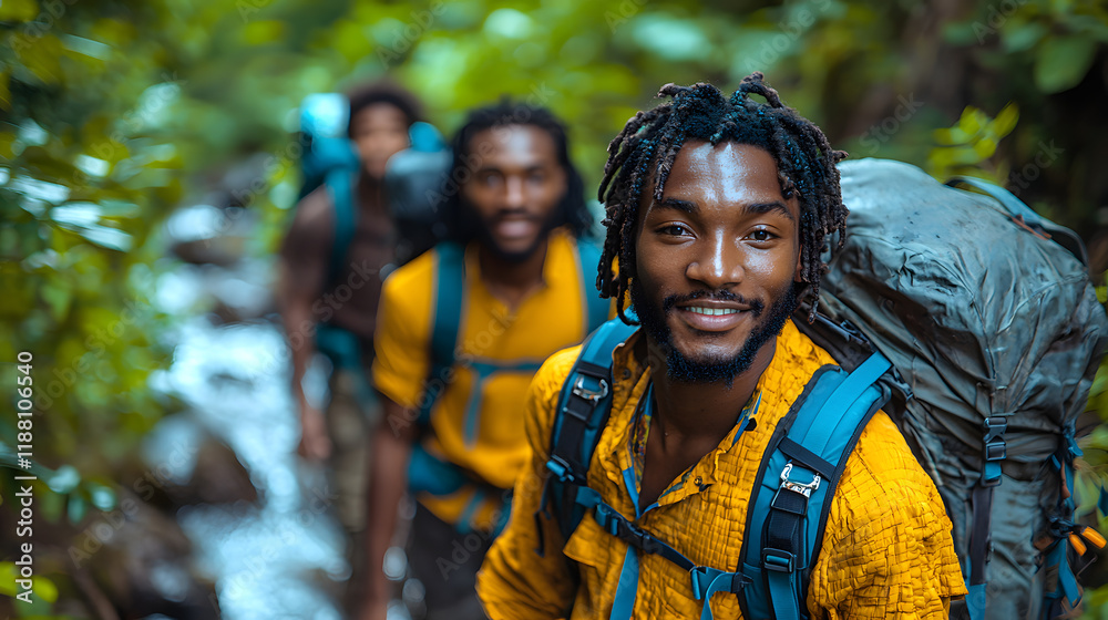 Smiling hikers on jungle trail. Smiling hikers on jungle trail.