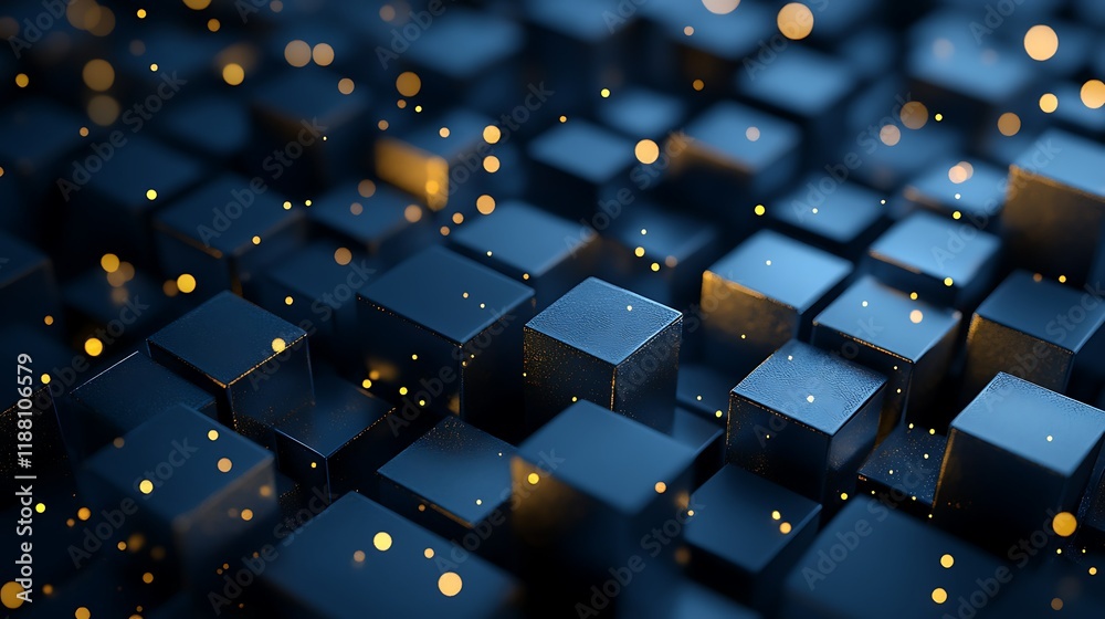 Fototapeta premium Abstract dark blue cubes, glowing particles, technology background, digital art