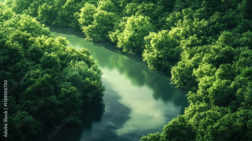 Tranquil Aerial View of Lush Green Forest Surrounding a Serene River Tranquil Aerial View of Lush Green Forest Surrounding a Serene River