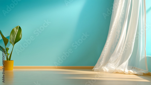 Elegant sheer curtains softly drape beside vibrant turquoise wall, enhancing serene atmosphere of room. potted plant adds touch of nature to space