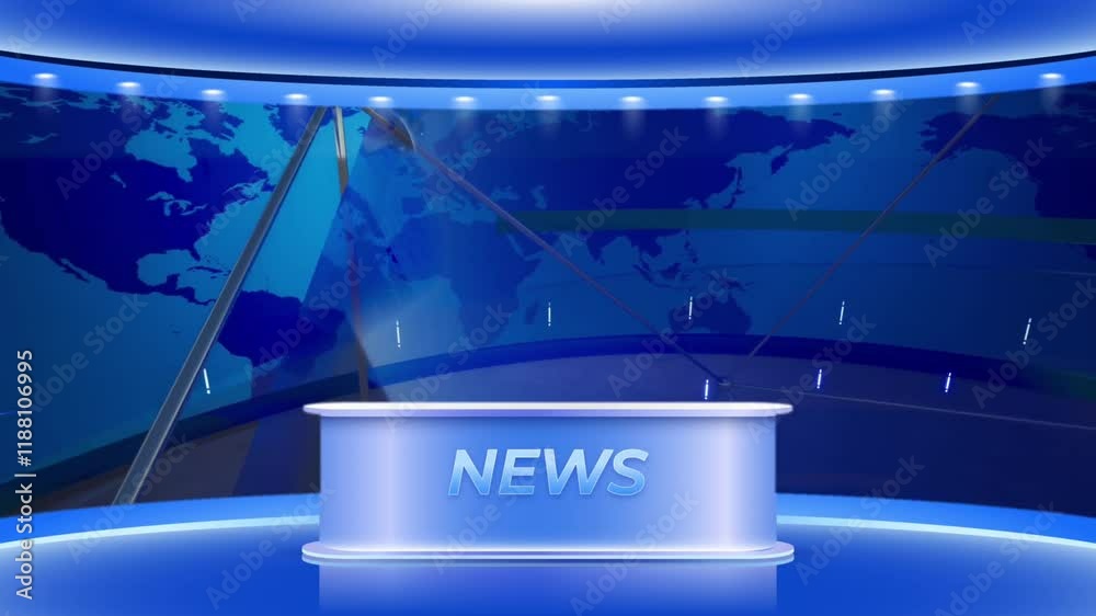 News studio background with rotating blue animation for breaking news and broadcast visuals