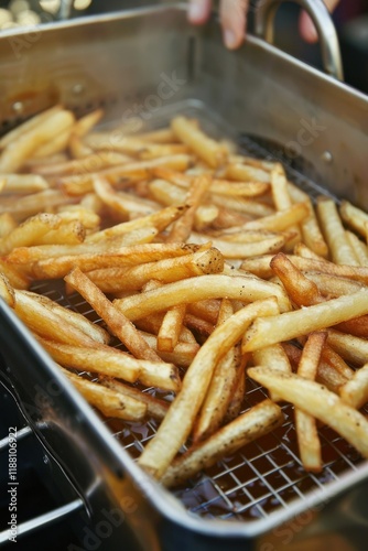 Crispy golden fries steam in hot oil.  A street vendor's fryer basket overflows with deliciousness grease visible.  Perfectly browned exterior, fluffy inside. photo