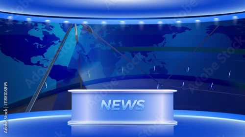 News studio background with rotating blue animation for breaking news and broadcast visuals
