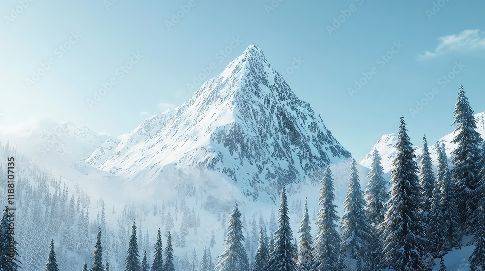 Fototapeta premium Majestic Snow-Capped Mountain Surrounded by Dense Evergreen Forest