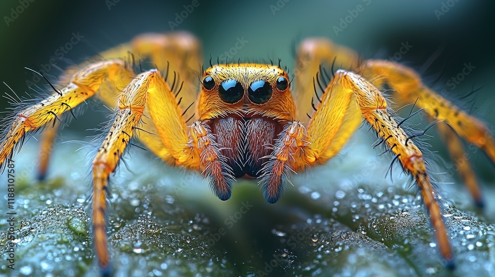 Orange Spider on Dewy Leaf Orange Spider on Dewy Leaf