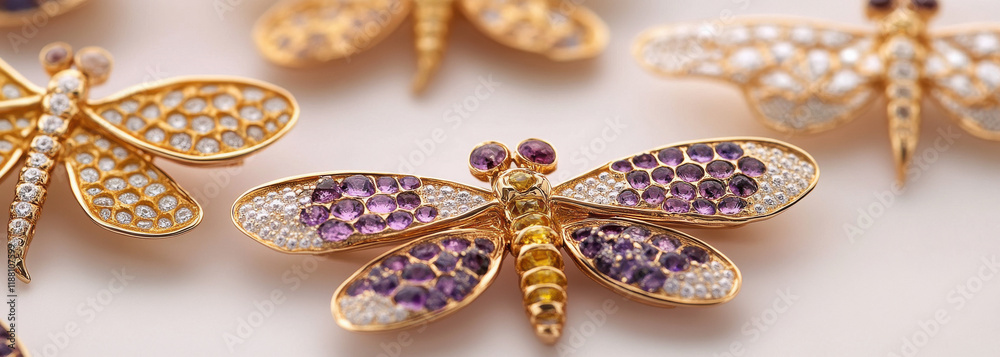 Fototapeta premium A collection of golden dragonfly and butterfly brooches with purple, white, and yellow gemstones on them, each featuring intricate honeycomb patterns.