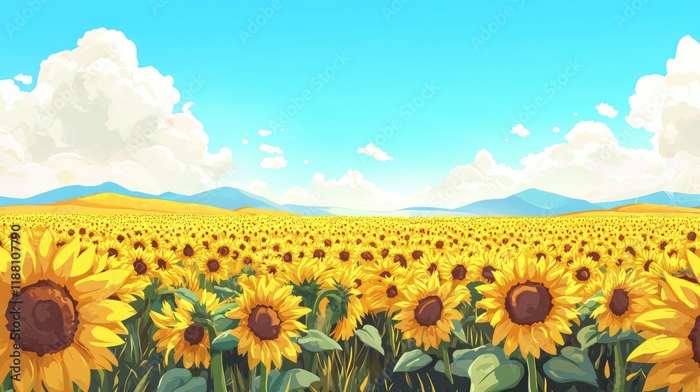 Fototapeta premium Vibrant Sunflower Field Under Blue Sky with Gentle Hills in Background