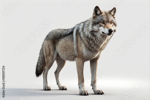 A majestic grey wolf standing on a white background.