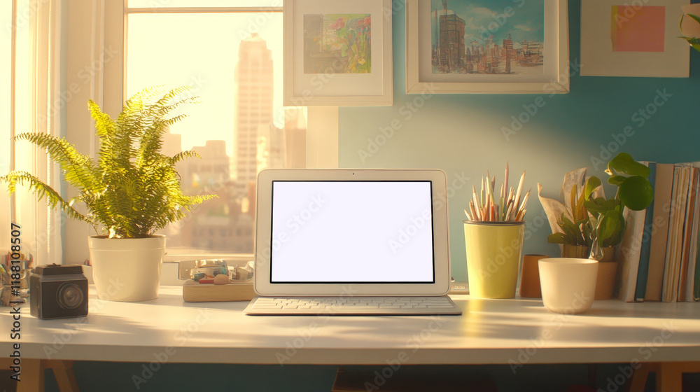 Obraz premium Sunny Workspace: Laptop, Plants & Art Supplies on White Desk