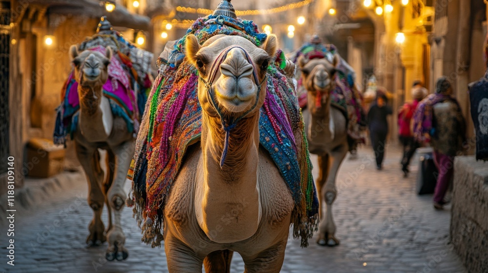 Camels adorned in vibrant textiles walk down a city street Camels adorned in vibrant textiles walk down a city street