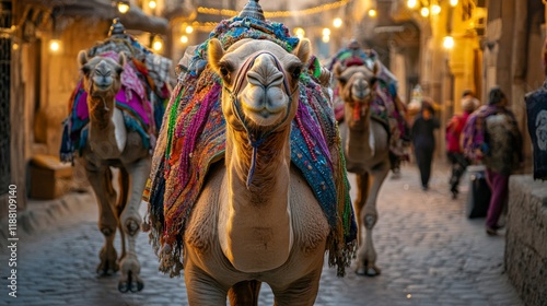 Camels adorned in vibrant textiles walk down a city street