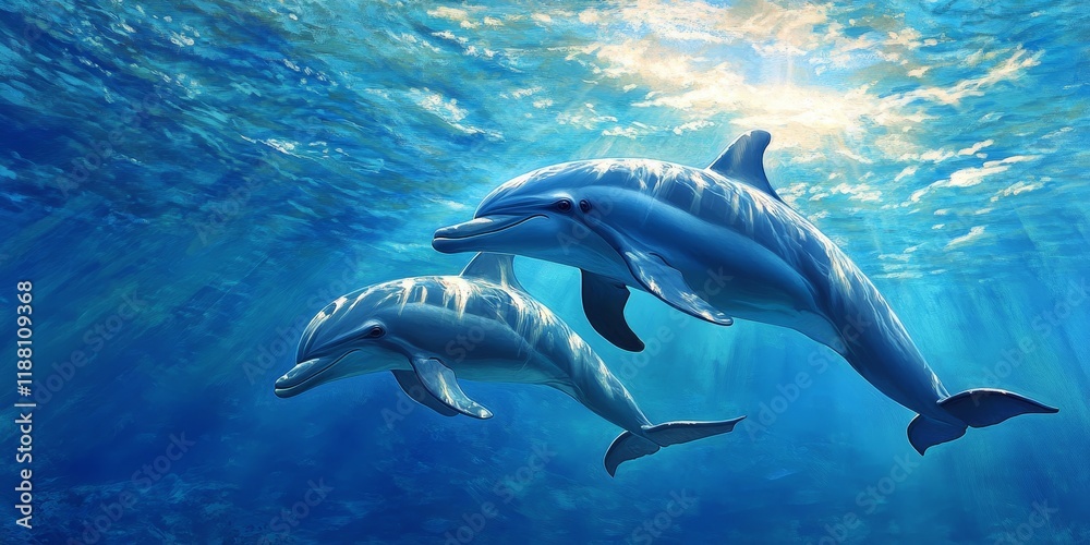 Obraz premium Family of dolphins, including a mother and baby dolphin, gracefully swimming underwater in the clear blue sea. This enchanting scene showcases the beauty of dolphin family dynamics.