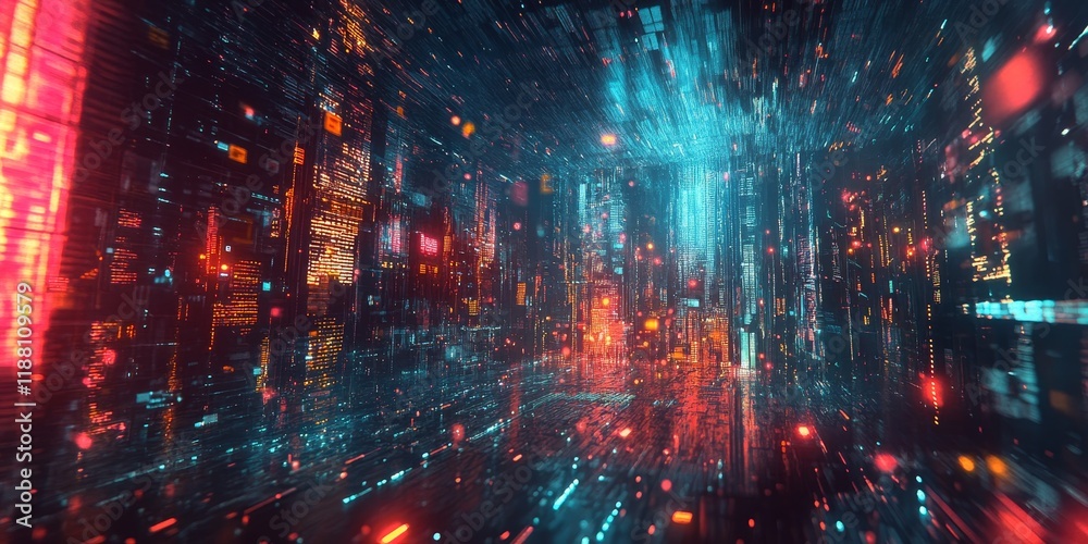 Fototapeta premium Futuristic digital landscape showcasing the breakdown of dynamic data networks through advanced disintegration technology. This highlights the concept of network disintegration.