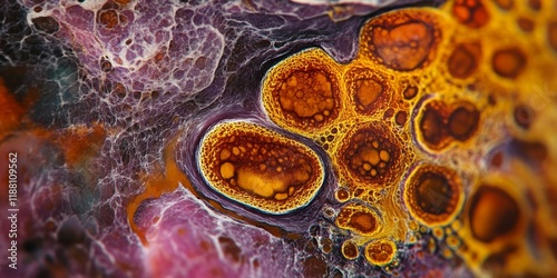 Light micrograph depicting a liver needle biopsy in haemochromatosis. This liver biopsy reveals hepatocytes with distinct brown iron deposits and highlights a fibrotic portal tract at the top.