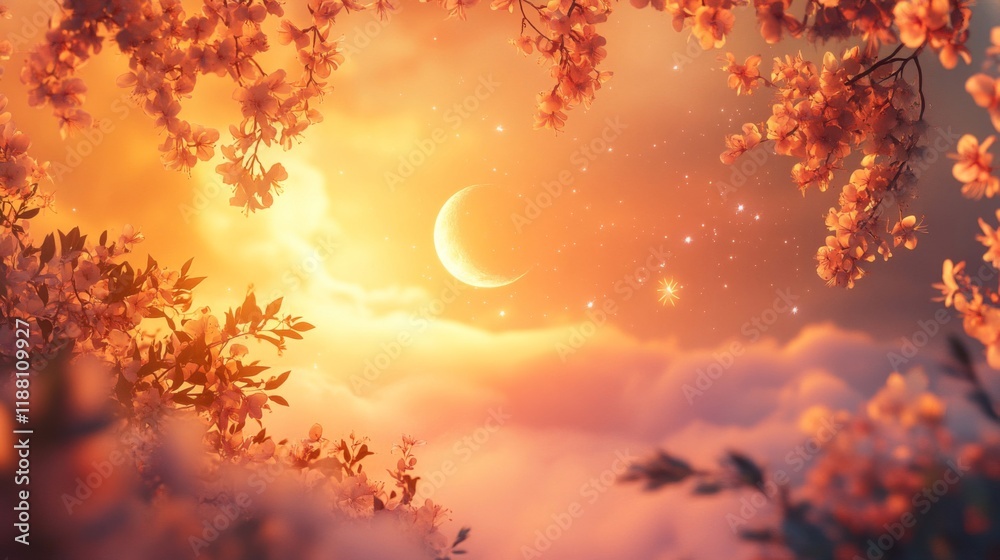 Fototapeta premium Serene Sunset Sky With Crescent Moon And Blossoming Branches