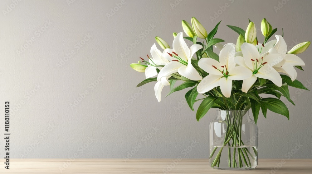A beautiful bunch of white lilies with bright green leaves, placed elegantly in a clear vase on a simple surface. A beautiful bunch of white lilies with bright green leaves, placed elegantly in a clear vase on a simple surface.