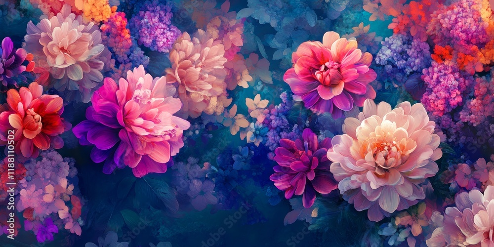 A digital art backdrop showcasing exquisite and vibrant flowers is presented, emphasizing the beauty of floral designs in a captivating manner.