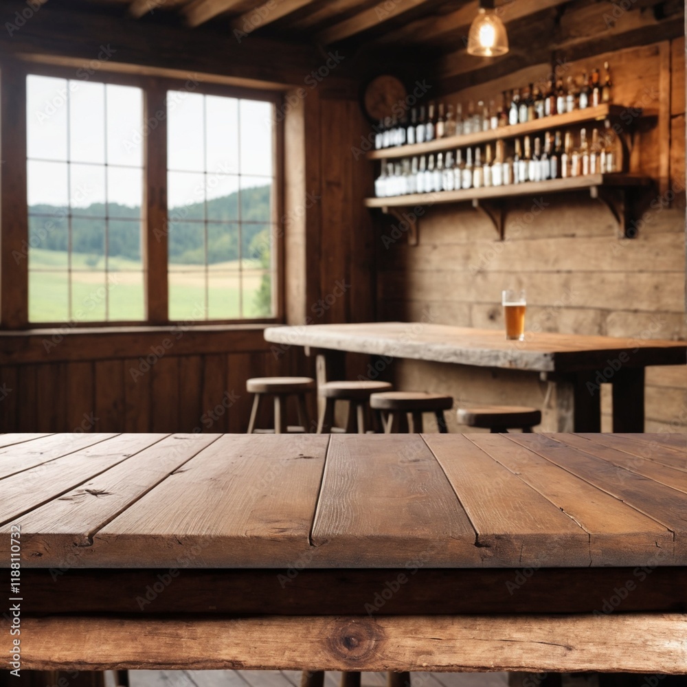 A rustic countryside bar background featuring a wooden table board in foreground, perfect for creating a display mock-up and generating ideas A rustic countryside bar background featuring a wooden table board in foreground, perfect for creating a display mock-up and generating ideas