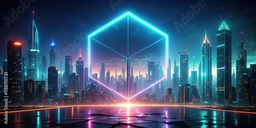 A futuristic cityscape with a large geometric shape dominating the sky and buildings, with a dark gradient background and neon lights glowing in the foreground , modern, dark