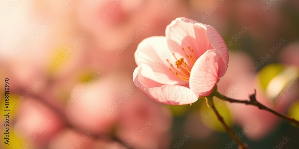 Fototapeta premium A delicate pink flower blooms in the soft light of the setting sun, revealing intricate details within its petals and showcasing the beauty of nature's gentle artistry.