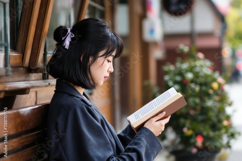 side view shot of young japanese woman reading a book outside