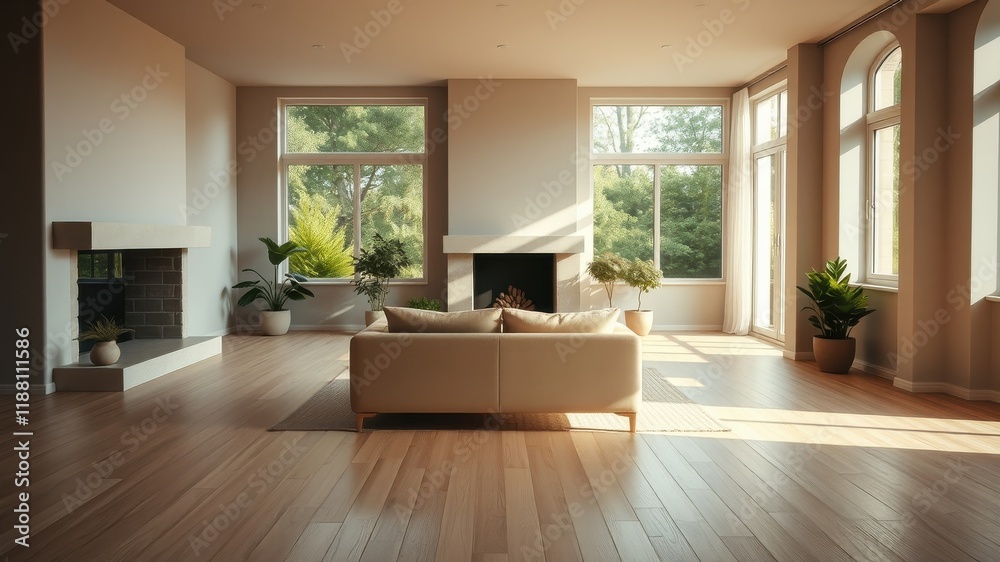 A spacious living room with large windows, a fireplace, and a comfortable sofa, bathed in warm sunlight that streams through the room. A spacious living room with large windows, a fireplace, and a comfortable sofa, bathed in warm sunlight that streams through the room.
