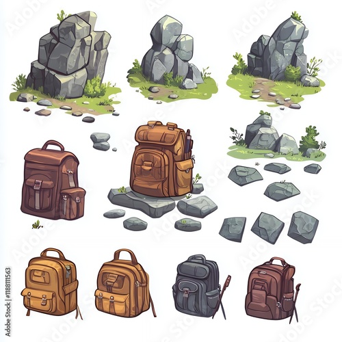 Cartoon Backpacks and Rocks Game Assets for Hiking Adventures photo