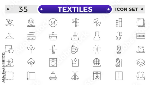 Textiles outline icon. Fabric features line icon set. Fabric, textile material, cotton, leather, silk, synthetics, wool, bamboo, waterproof, windproof and others. Outline vector icon in linear style.